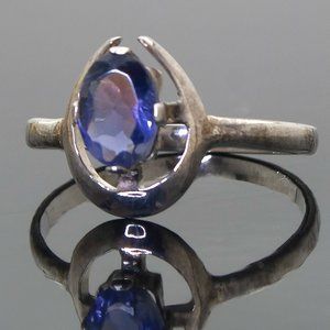 Blue Iolite Gemstone Vintage Custom Made Silver Ring, Size 7, Stamped 925